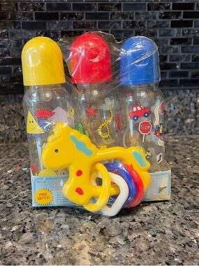 Vintage 90s Baby King Baby Gift Set Bottles & Rattle New NOS